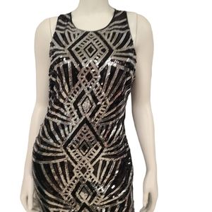 Bisou Bisou Black and Silver Aztec Sequined Dress size 8